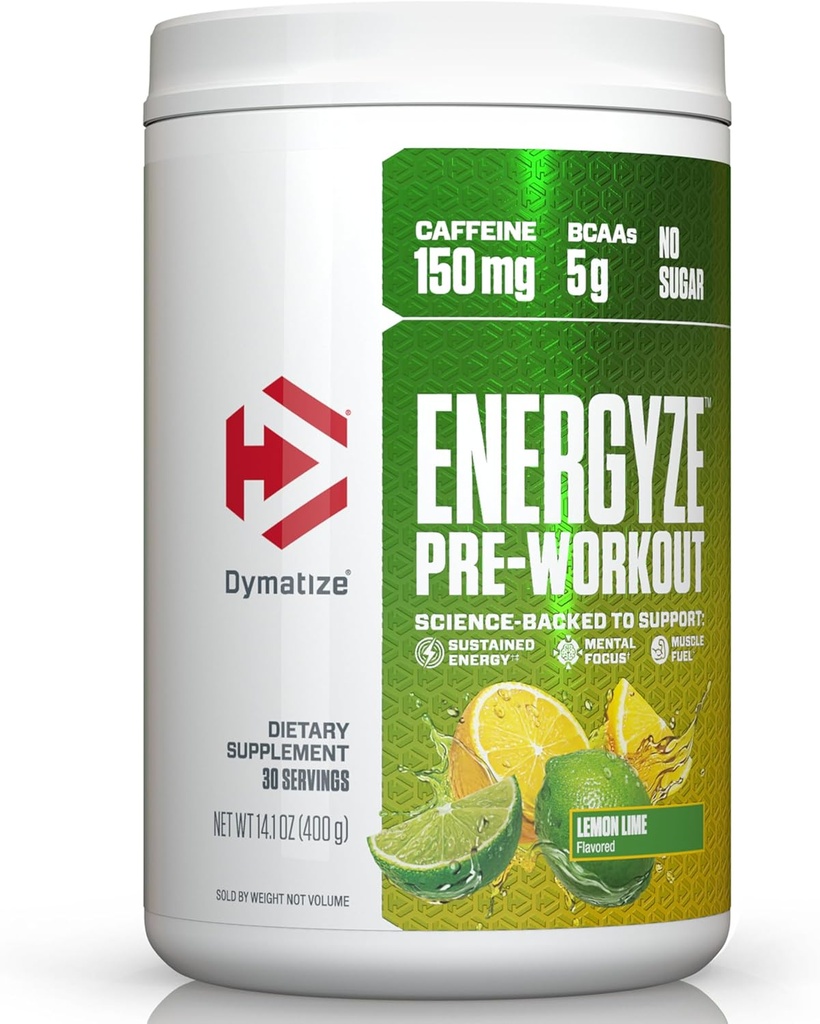 Dymatize Energyze Pre Workout Powder for Men and Women, Lemon Lime Flavor, 150mg Caffeine, 5g BCAAs, Performance Blend of L-Theanine, L-Tyrosine, L-Citrulline, No Sugar, 30 Servings