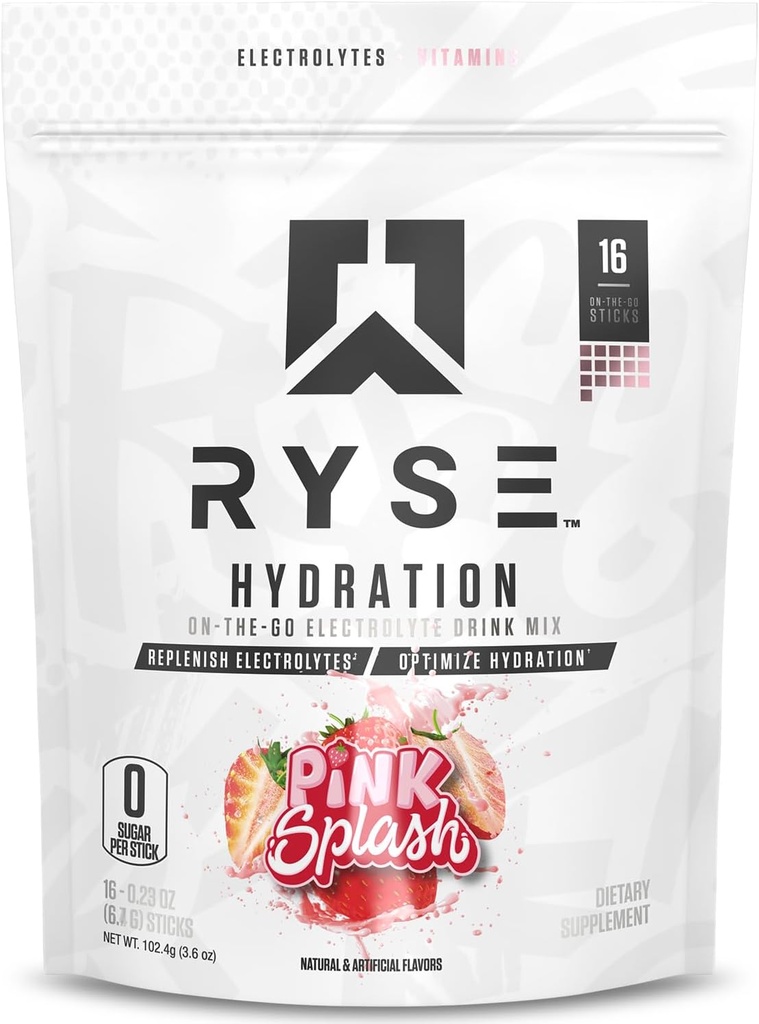 RYSE Hydration Electrolyte Powder Drink Mix Packets - Pink Splash - Sugar-Free Full Spectrum Electrolytes with Essential Vitamins, Taurine and Choline for Rehydration - 16 Serving Sticks