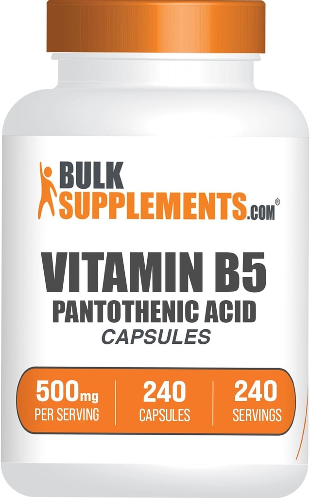﻿BulkSupplements.com Vitamin B5 Capsules - as Pantothenic Acid, B Vitamin Supplement, Pantothenic Acid 500 mg - Gluten Free, 1 Capsule per Serving, 240 Capsules (Pack of 1)