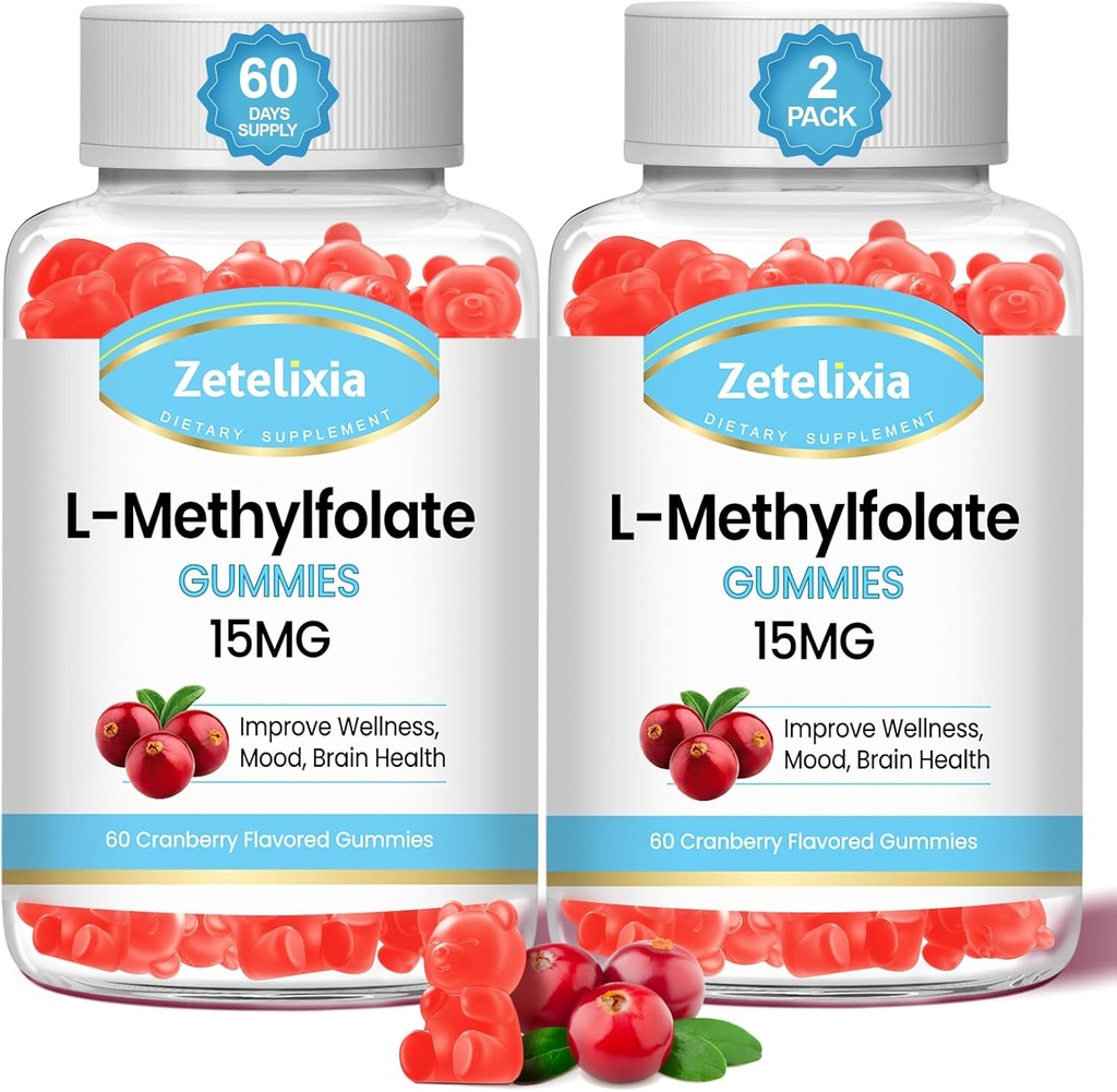 2 Pack L- Metilfolate 15mg & Metil B12 Gummies, Folate Addition for Srain Health, Mood & Immunity, DNR sintezė ir remontas, Cukraus nemokamai, Vegan, Spanguolių skonio, 120 Count
