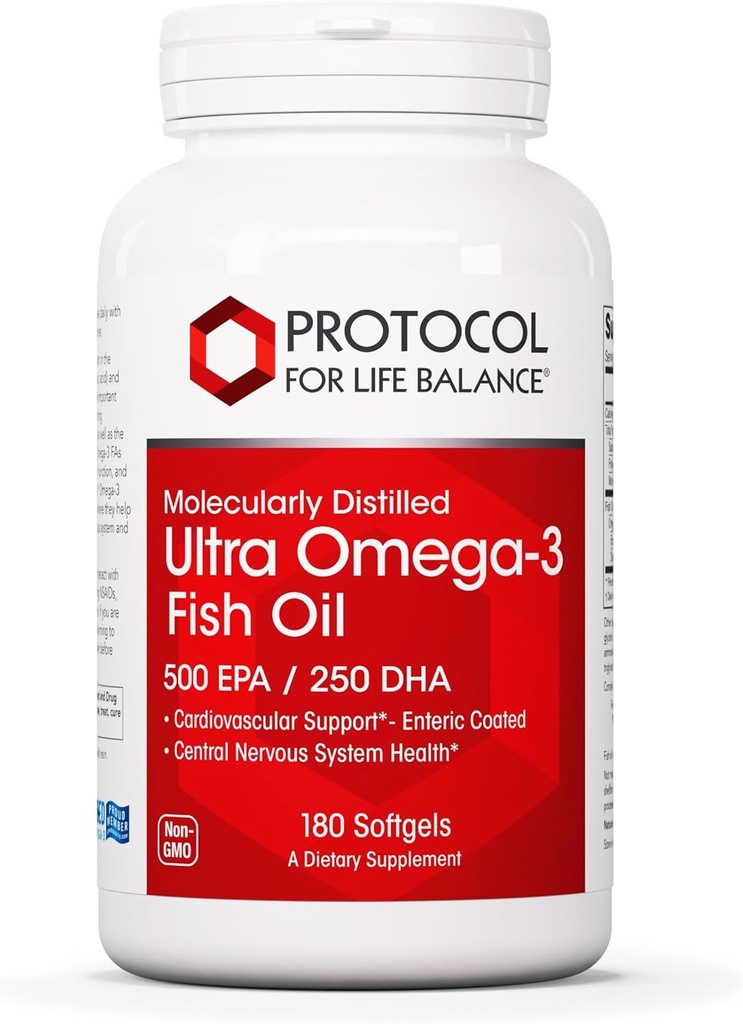 Protokolas Ultra Omega- 3- 500 mg EPA & 250 mg DHA - Žuvų taukai smegenų palaikymui, širdies ir nervų sistemos sveikatos * - EPA DHA Omega priedas - Non- GMO & Halal - 180 Softgels