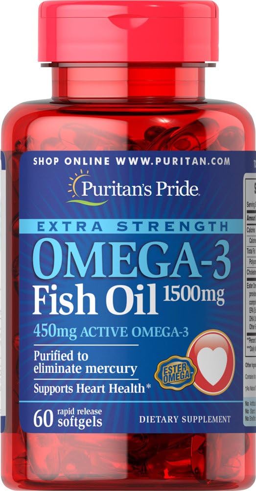 Puritans Pride Extra stiprumo Omega-3 Žuvies aliejus 1500 Mg 450 Mg Aktyvus Omega-3 Softgels, 60 Count