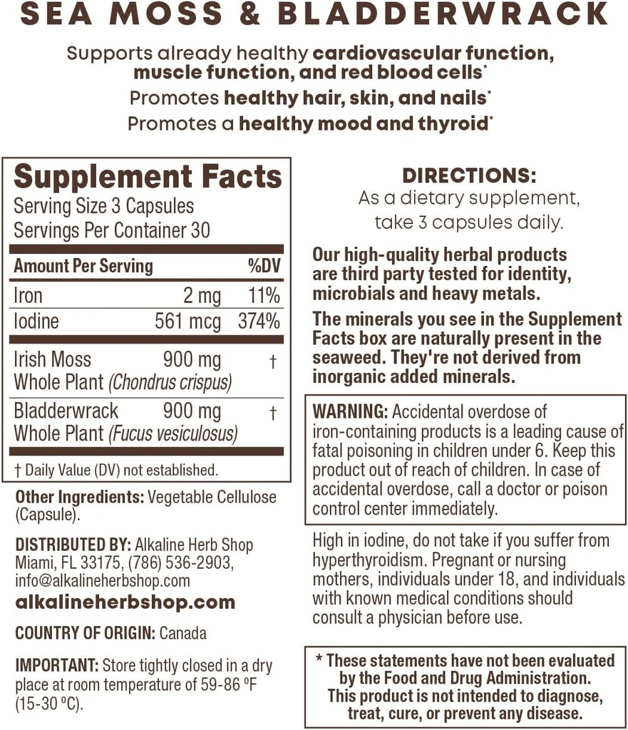 Alkaline Herb Shop Sea Moss and Bladderwrack Priedas 90 Capsules