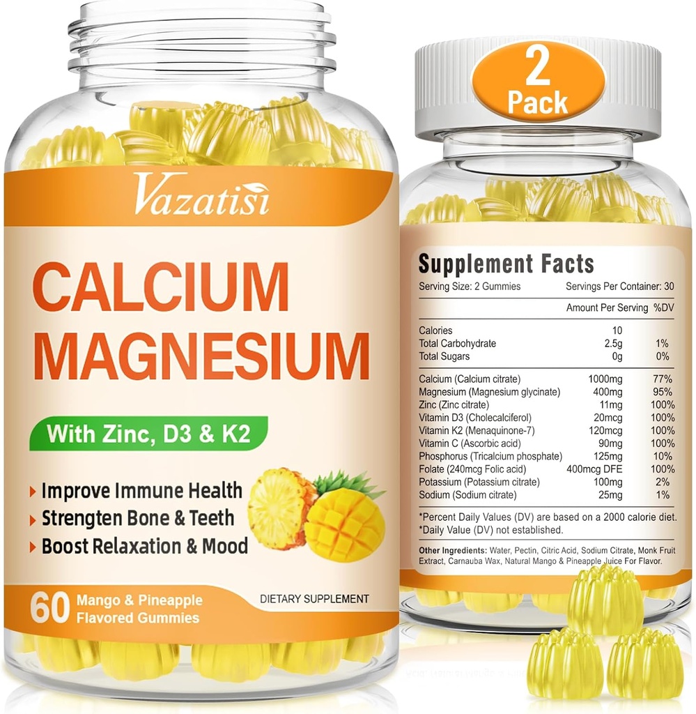 Kalcio magnio cinko gumimai su vitaminu D3 ir K2, didelės absorbcijos magnio glicinato kalio, skirto imuninei ir ramiajai nuodai, Vegan Mango ir Pineapple flavor 120 Gummies
