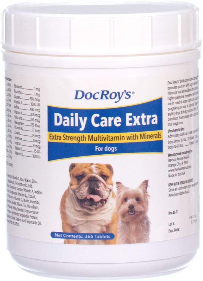 Doc Roy 's Daily Care Extra, Advanced Multivitaminas šunims, Palaiko energiją, imuninę, raumenų, kaulų ir smegenų sveikatą, tiekia vitaminus A C D3 E B kompleksas, geležies cinko magnio jodinas, pagamintas JAV 365 ct