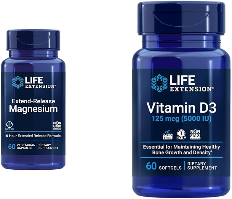 Life Extension Extend-Release Magnesium Prolonged Health Support & Vitamin D3 5000 IU 125 mcg Bone, Brain & Immune Health - 60 Capsules & 60 Softgels