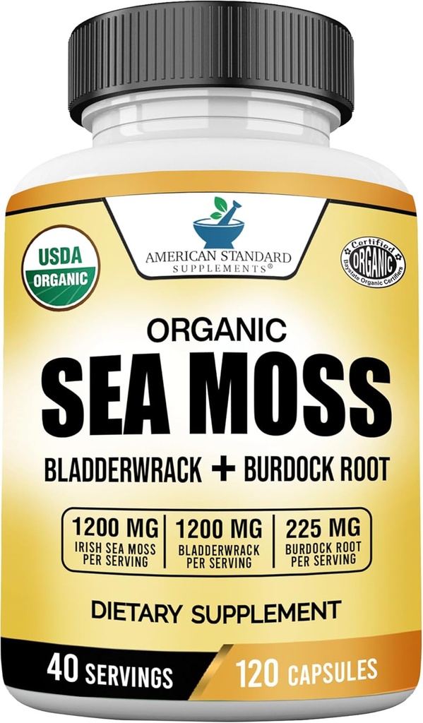 American Standard Additions Organic Sea Moss, Bladderwrack & Burdock Root Capsules - 1200mg Seamoss, 1200mg Bladderwrack, 225mg Bardock Root per Serving - 120 Capsules, 40 Servings