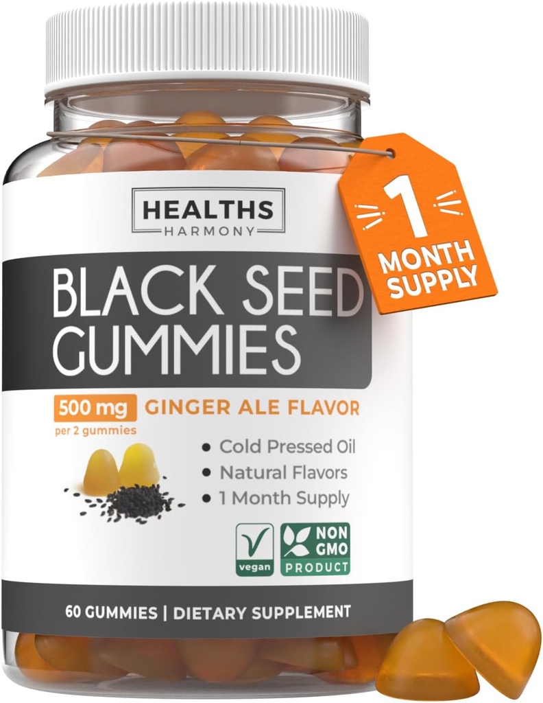 Juodųjų sėklų aliejus Gummies - Natūralus imbieras Ale flavor (Non- GMO & Vegan) Cold- pressed Nigella Sativa Production Pure Black Cumin Seed Oil - 500mg per 2 Gummy Serving