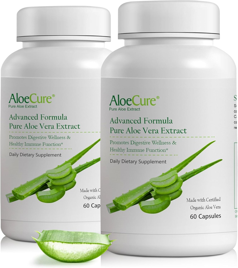 AloeCure Organic Aloe Vera Capsules, 160,00000 mg Vidinis Aloe Leaf Lygiagretus per Tarnavimas, Parama gutas, Digusive, & Imuninė sveikata, Padeda išlaikyti Pusiau Stomach Rūgštingumas, Aloin Free, 60Caps x 2Btl