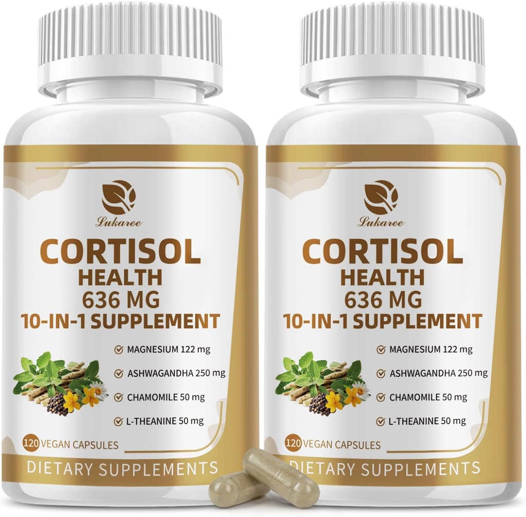 10-IN-1 Cortisol papildai su magnio, Ashwagandha, Chamomile, L- Theanine, Fosfatidilserinas, jonažolė, Astragalus, Vitaminas C & D3, Moterims, 240 Vegan kapsulės 4 mėnesį, Ne GMO
