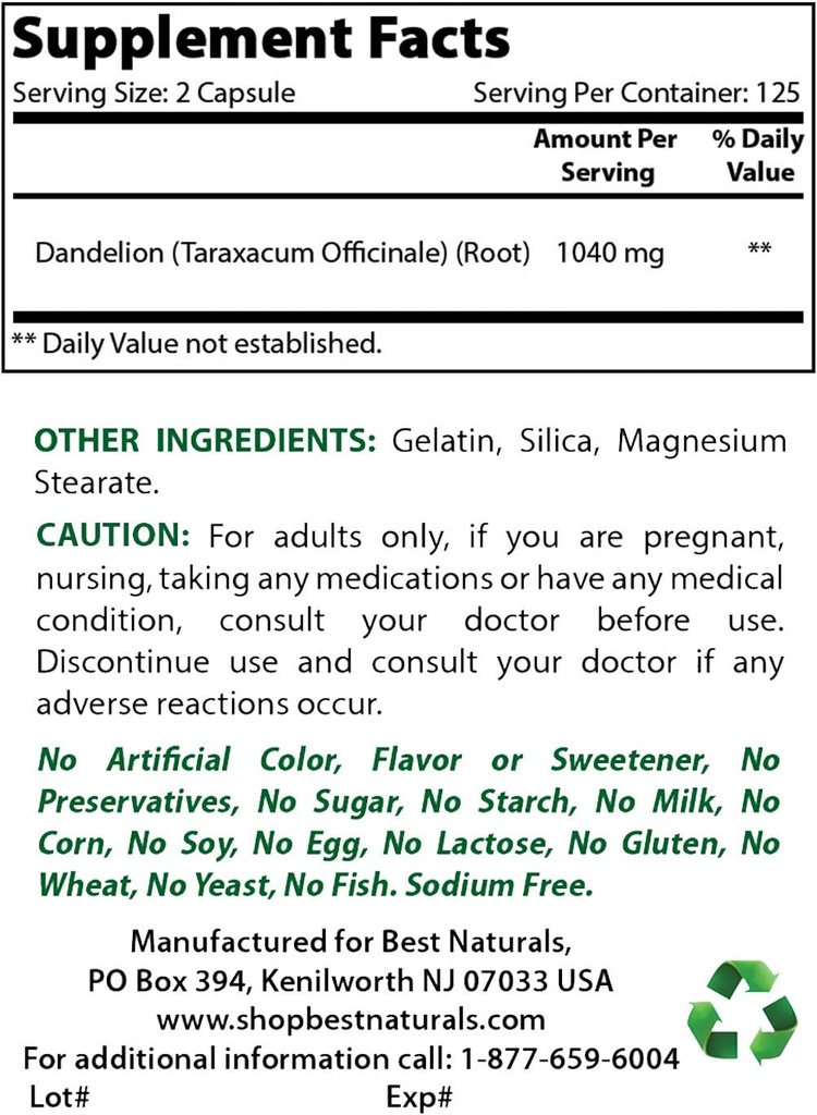 Geriausi Naturals Dundelion Root 520 mg ir magnio glicinatas 425 mg