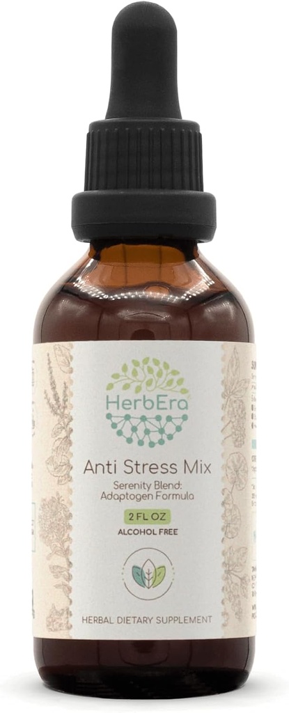 Anti Stress Mix B60 Alkoholio - nemokamai ekstraktas tinktūra, Eleuthero šaknis, Rhodiola šaknis, Schisandra Berry, Gotu Kola Herb, Šventasis Bazilis Herb. Serentity Blend: Adaptogen Formulės 2 Fl Oz