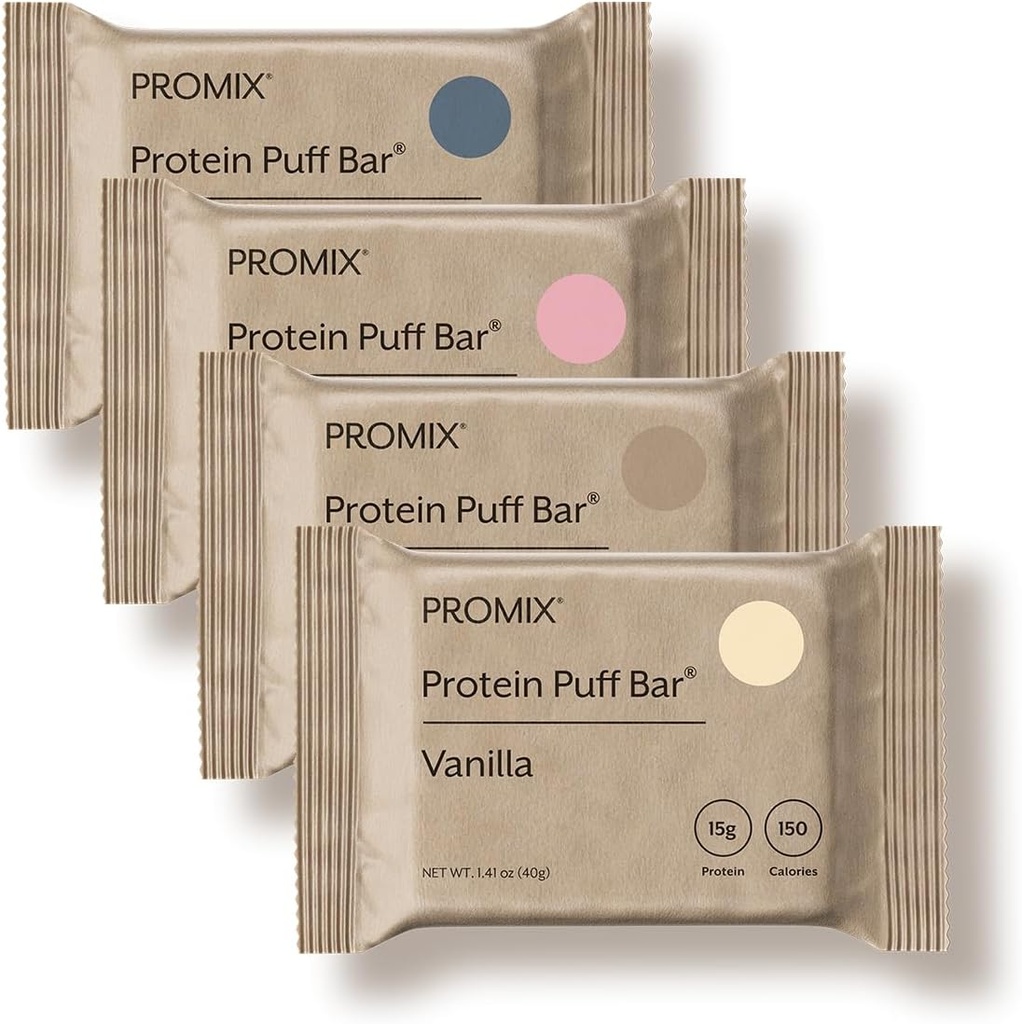 ProMix Nutrition Protein Puff Barai - Veislės pakuotė - Vanilė, Šokoladas, braškės, mėlynės - Marshmlet Crispy Treat - Didelis proteinas & Mažas kalorijų - 12 Barai