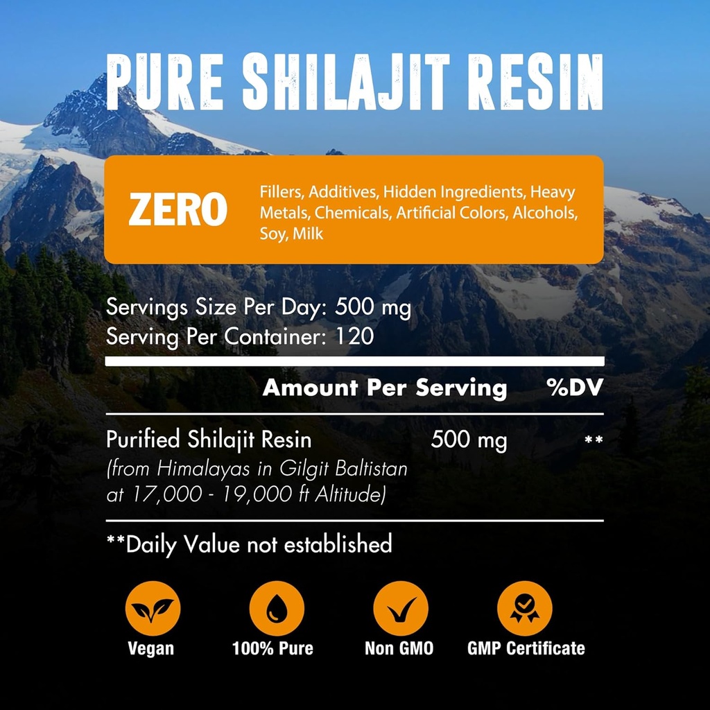 60,000 MG Shilajit Pure Organic Resin - 65% Fulvic Acid & 85 + Trace Minerals, 120 Servings - Awaken Energy Booster & Support Immunum, Enhance General Health & Brain Booster - Cukraus nemokamai