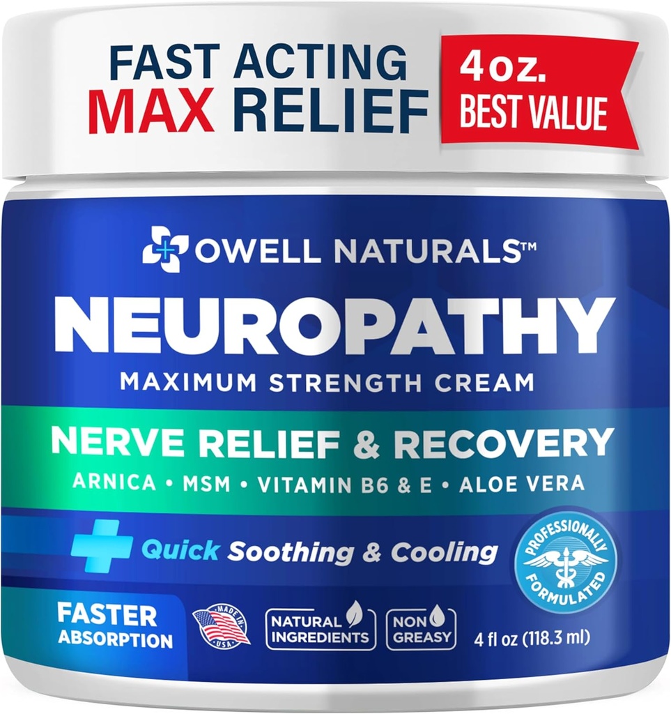 Owell Naturals Neuropathy nerve Relief Cream, Maksimalus stiprumas, be riebalų, Natūralios sudedamosios dalys Arnica, Aloe Vera, MSM, Vitaminas B6, pirštinės, rankos, kojų, kojų diskomfortas, 4 Fl Oz (Pack of 1)
