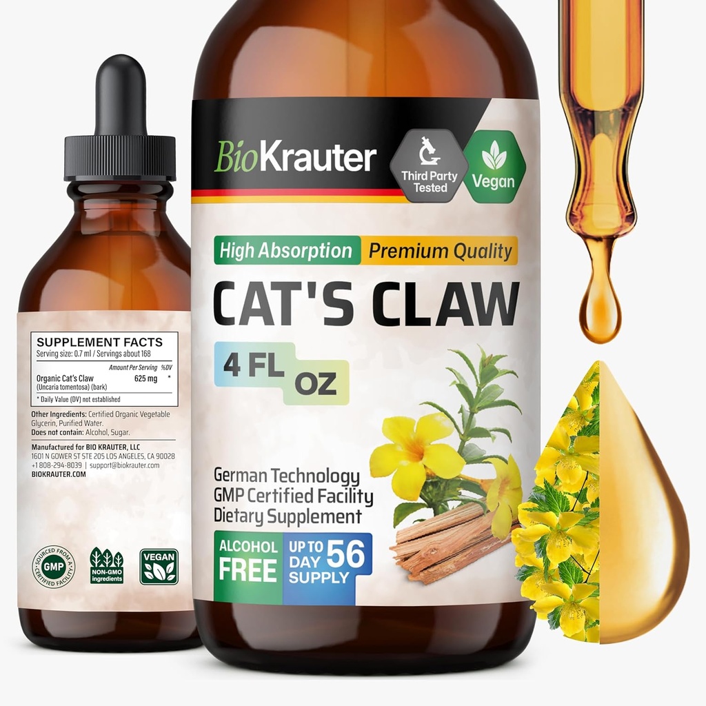 BIO KRAUTER Cats Cats Tincture - Skystos Cats Cats Claw Herb for Immune Support - Alkoholio ir cukraus nemokamai - Vegan lašai 4 Fl.Oz.