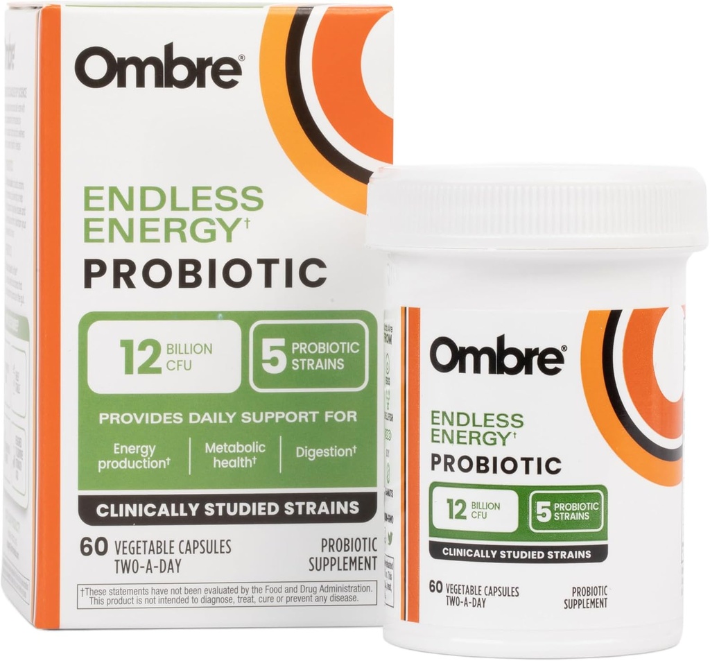 Ombre Endless Energy Probiotic Addition, Palaiko gamtos energijos gamybos, Atmintis, Focus & Gut Health, 12 Billion KSV, Shelf- Stable, 30 Paslaugos
