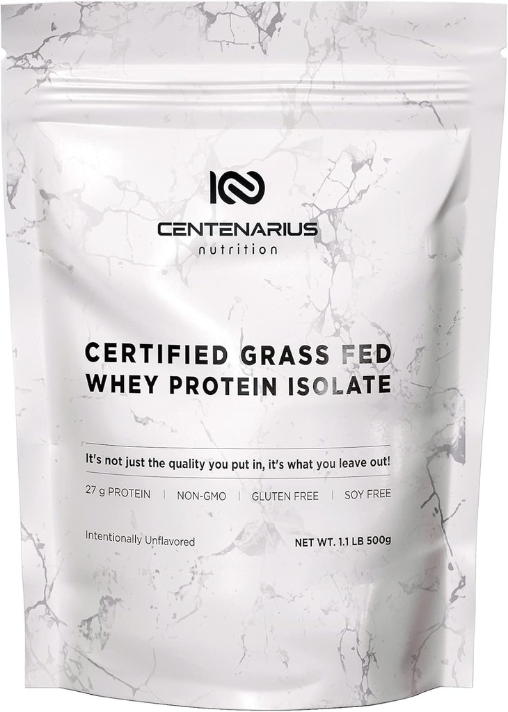 Centenarius Nutrition Grass Fed Išrūgų baltymų nearomatizuotų miltelių 500g su natūraliomis aminorūgštimis optimaliam raumenų augimui, atkūrimui ir efektyvumui - Cold- Filtruotas, Nėra priedų ar hormonai
