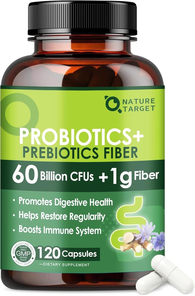 Probiotikai moterims ir vyrams Digestic Health su Prebiotic Fiber - Fiber Addition with 60 Billion Probiotic for Regularity & Gut Cleanse - Parama kartais vidurių užkietėjimas - 120 Veggie Capsules