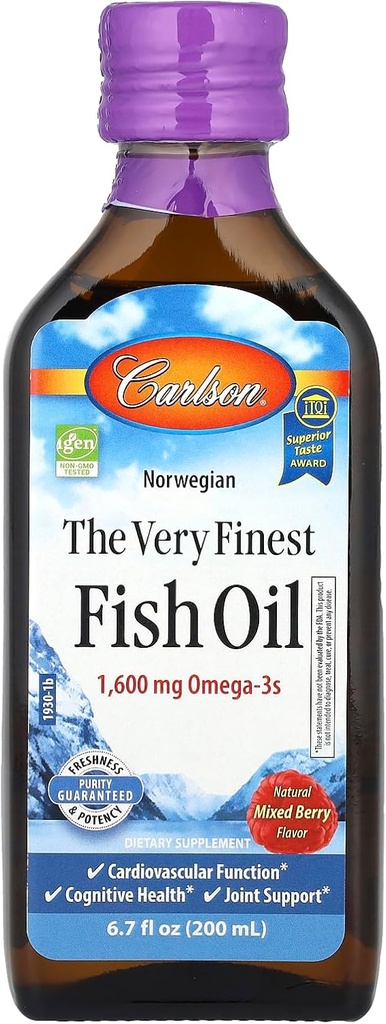 Carlson The Labai geriausias žuvų aliejus, 1600 mg Omega- 3s, Mišrus uogų skonio, 200 ml - skystas norvegų žuvų aliejus, Wild- Caught & Candly Sourced