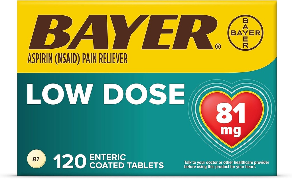 Bayer Aspirin Regimen, 81 mg Enteric Dengtos tabletės Skausmas palengvėjimas / karščiavimas Reduktorius, 120 Skaičiavimas
