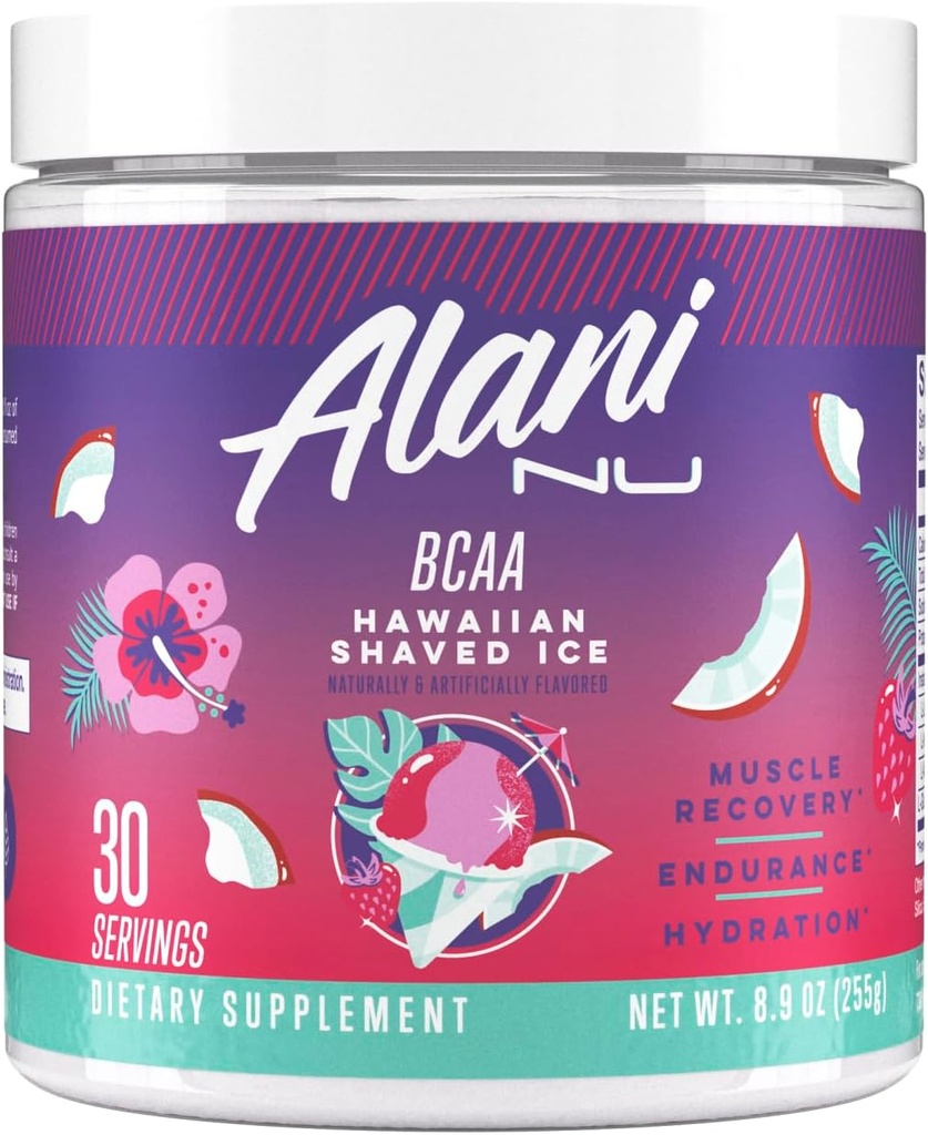Alani Nu BCAA Hawaiian Shaved Ice Bendrijoje 124; Branch Chain Eteriniai Amino Amino rūgštys ® 124; 2: 1: 1 Formulė ® 124; Papildymas milteliai ® 124; Raumenų regeneravimo vitaminai post- Workout ® 124; 30 Paslaugos