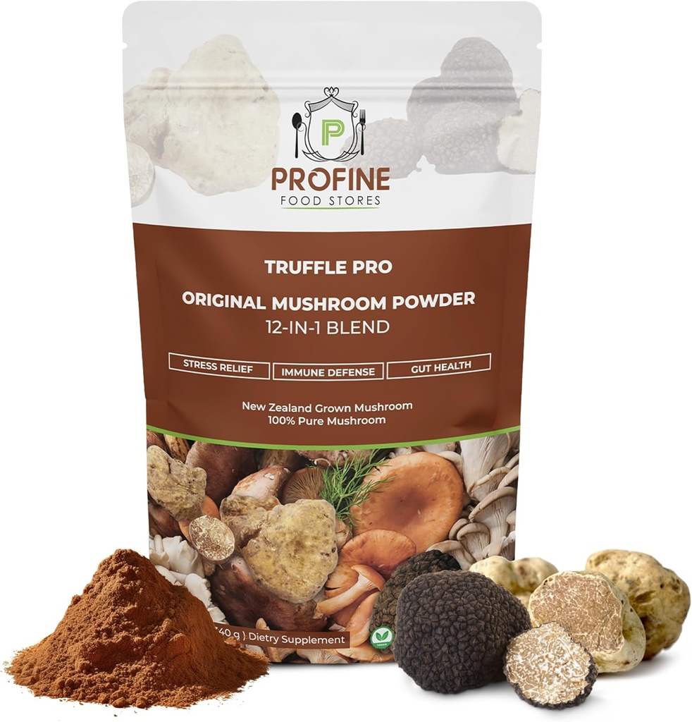 PROFINE Truffle PRO grybų milteliai 12 - in - 1 Super mišinys su juodaisiais ir baltaisiais triufeliais - USDA Organic - Priedas - Coffee / Arbata / Smoothies - Visi grybai - Nėra užpildų