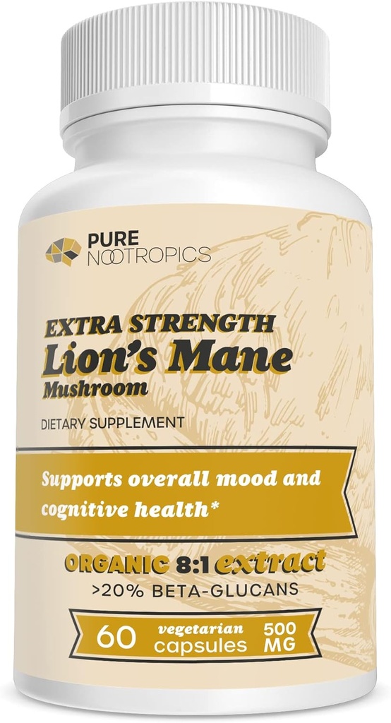 Pure Nootropics - Organic Lion 's Mane 8: 1 Grybų 500 mg