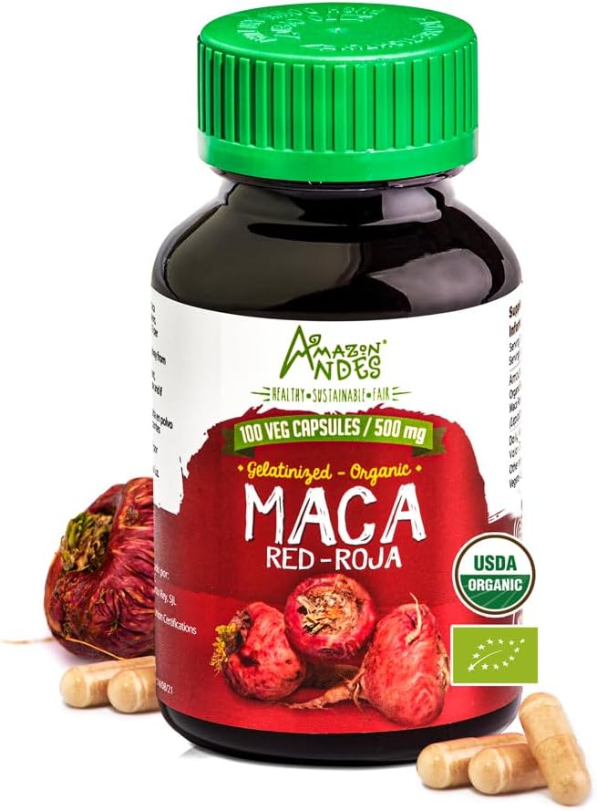 Amazon Andes Red Maca Root Capsules - Moteris Sveikatos papildas - Gamtos Energetikas - USDA NOP Sertifikuotas - Genitalizuotas, Ne GMO & Gluten Free - 100 Vegan piliulės (1500mg per Serving) - Pagaminta Peru