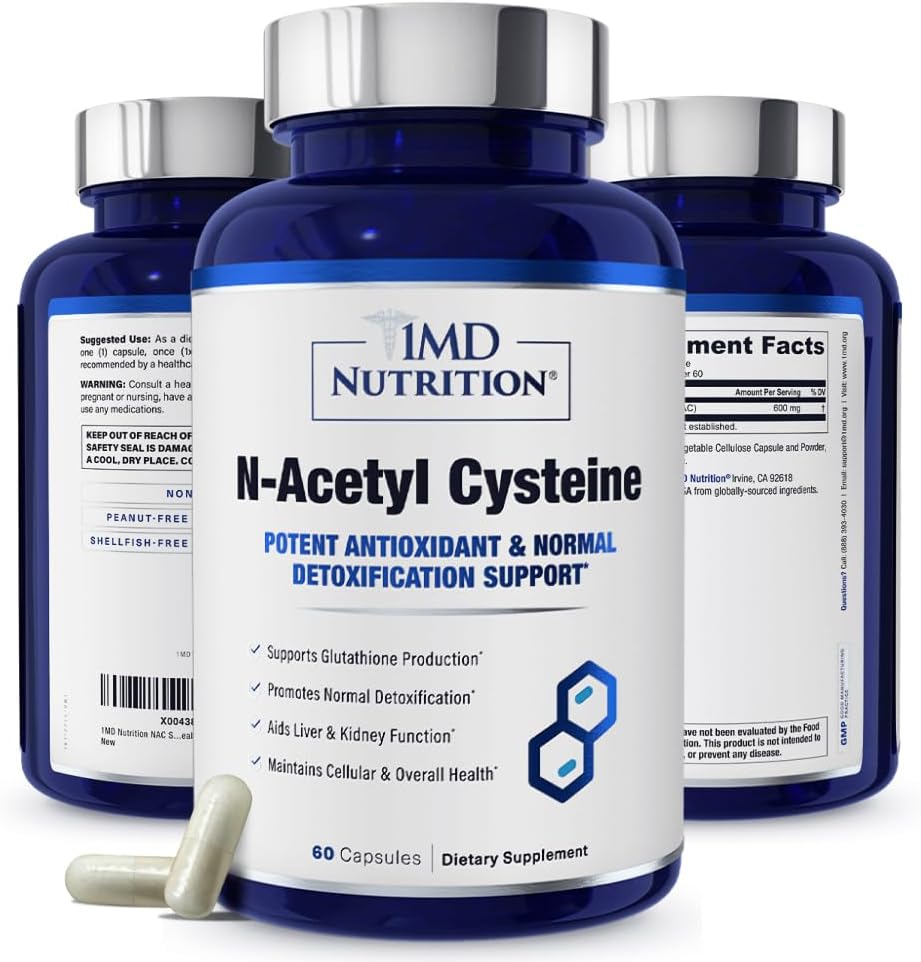 1MD Nutrition NAC Addition N- AcetylCysteine - NAC 600 mg - Antioksidantas Palaiko Detox ir Glutatione Production - N Acetilcysteine Kvėpavimo priedas plaučių sveikatos - 60 Kapsules