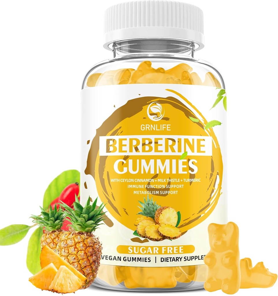 Berberine Gummies su Ceilonas Cinnamon 1500 mg didelio stiprumo Berberino HCL priedas imuninei ir metabolizmo paramai, be cukraus, ananasų skonio - 60 Count
