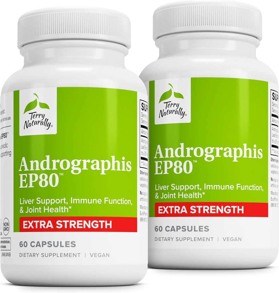Terry Naturally Andrographis EP80 Extra Strength - Brain Health & Immune Support - Joint Health Support to Aid Mobility - Adaptogen Supplement for Energy & Liver Support - 60 Capsules (Pack of 2)