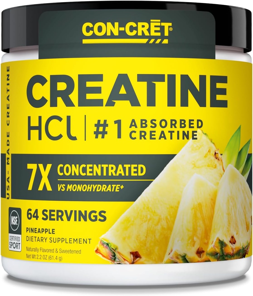 CONCRET kreatino HCl milteliai 124; raumenys, kognityvinis, Cellular Energy Support ® 124; No Bloating or Cramps ® 124; JAV Pagaminta & NSF Sertifikuoti 124; Ananasai (64 Tarnavimas)
