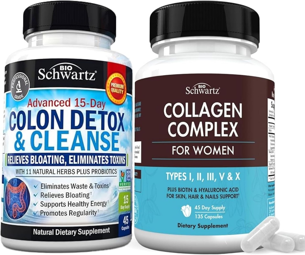 BioSchwartz 15 dienų Cleanse Colon ir Gut Health Plus hidrolizuotas Collagen Peptide Capsules (45 dienų tiekimas)