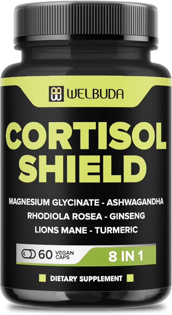 8in1 Cortisol Shield - Ashwagandha ir Magnis, Rhodiola Rozea, Lions Mane, Gingsen, ir 3 Daugiau - Atpalaidavimas & Restora naktinė parama & Mood Balance - 60 Skaičiavimas