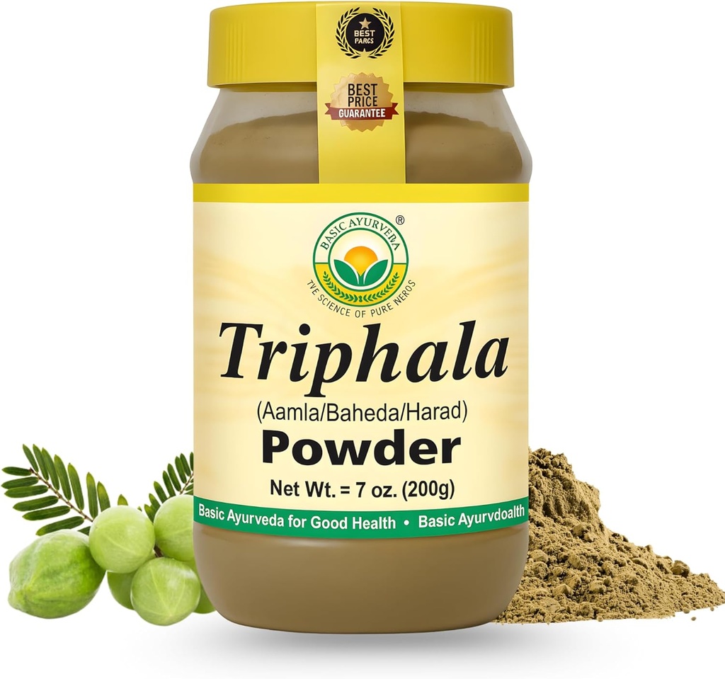 BASIC AYURVEDA Triphala milteliai 7.05 Oz (200g) Bendrijoje 124; 100% Natūralus Ayurvedic Blend Amla, Haritaki & Bibhitaki ® 124; Palaiko Digistive Health, Detox & Wellness ® 124; nėra priedų: