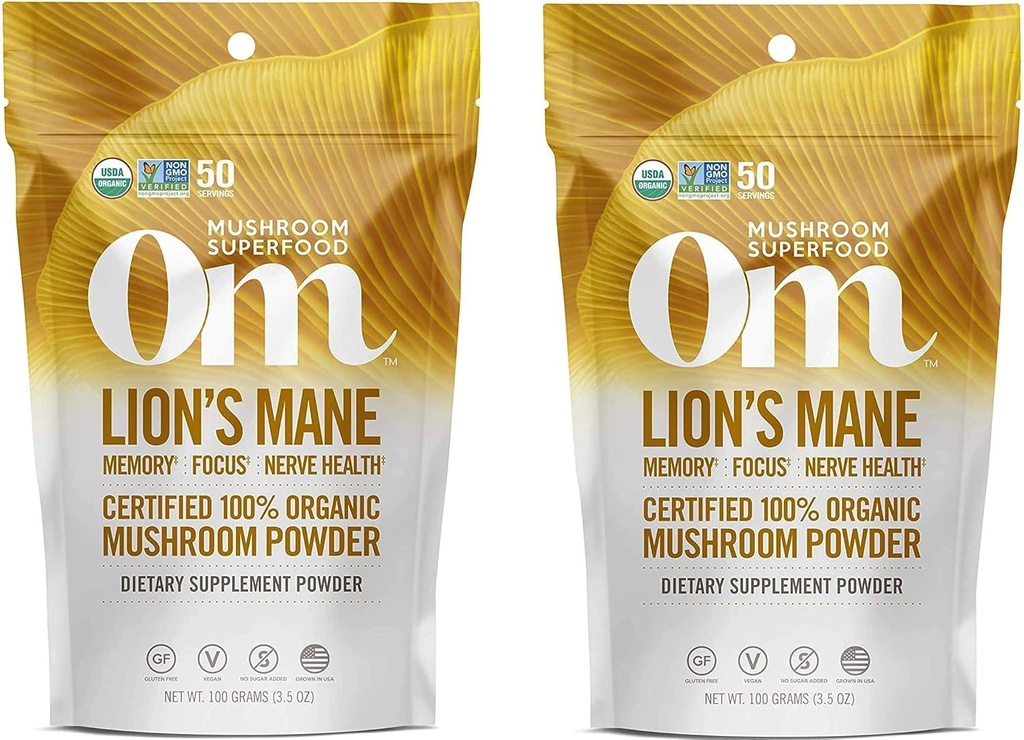 Om Organic Mushroom Superfood Mills, Lions Mane, 3.5 Ounce (50 Servings) (Тwo Рack)