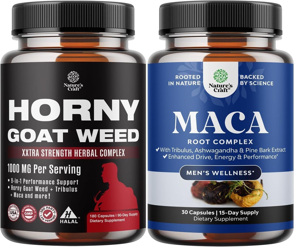 Horny Goat weed su Black Maca Root, Tongkat Ali, Saw Palmetto & Panax Ginseng ekstraktas skirtas Stamina & Energy and Black Maca Root su Sibiro Ginseng Ashwagandha - Vyrų gerovės priedas