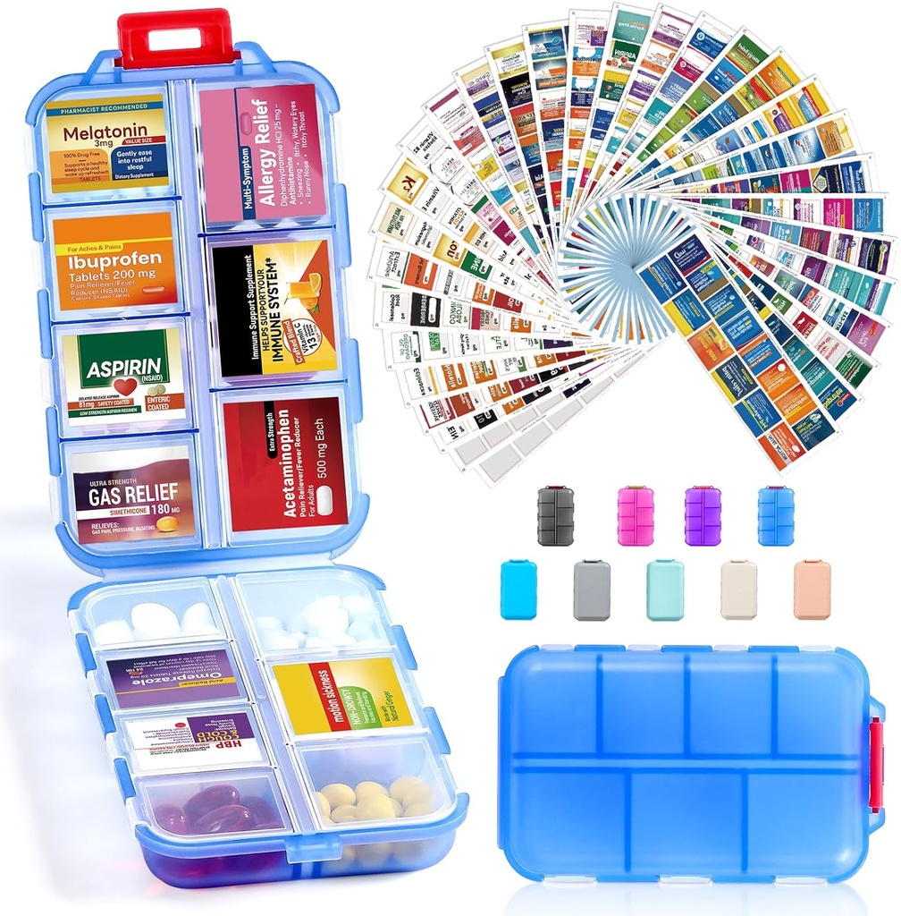 14 Grids Travel Pill Organizatorius Dėžutė su 415- PK Medicina Pavadinimas Labels - Pocket Daily Pharmacy Case Container Kit - Kelionių vaistų laikiklis Žuvies aliejus Vitaminas papildas Saugojimo -Skaidrus mėlyna