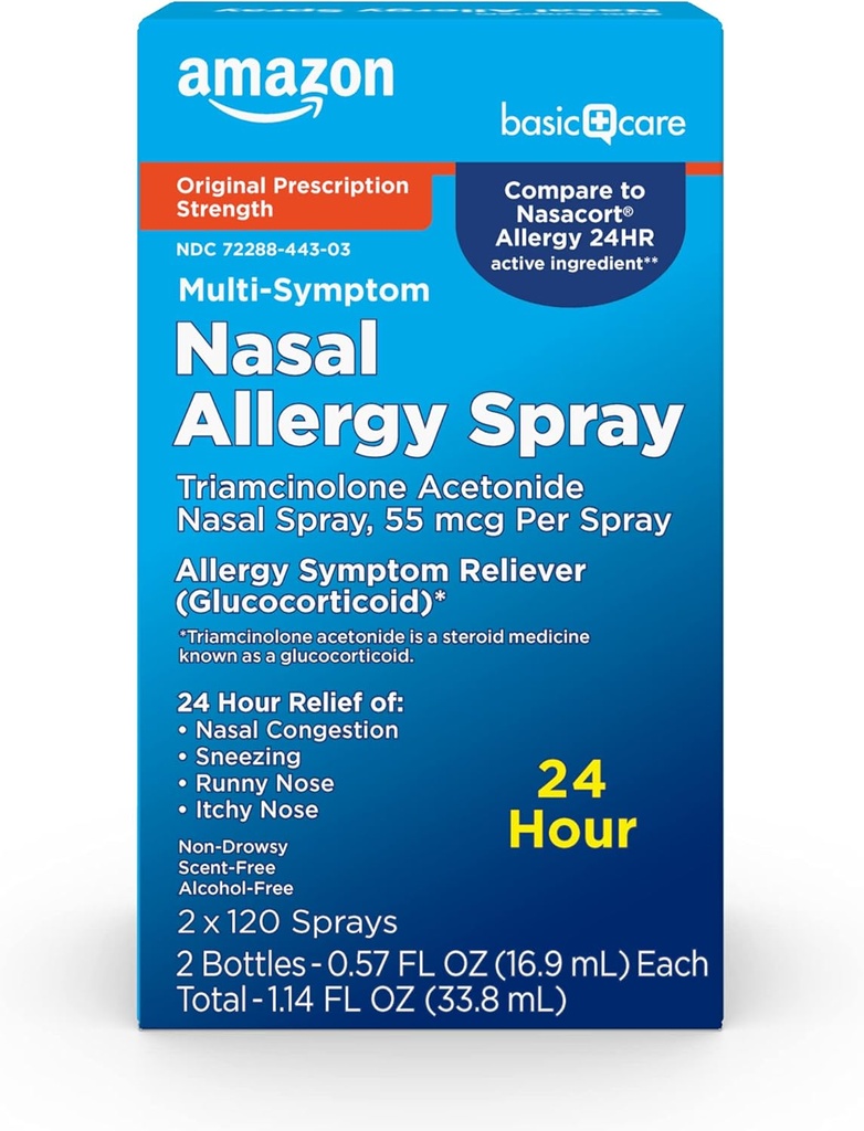 Amazon Basic Care Multi- Simptomai Triamcinolone Acetanide Nazal Alergic Spray, 55 mcg, 0,57 fl oz (2 dozių pakuotė)