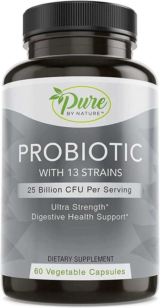 Pure by Nature Probiotics for Women & Men, 13 Trans with 25 Billion KSV, Probiotics for Digistive Health, Gut Health, Immune Support, Bloating & Condiducting, Vegan & Shelf- Stable, 60 Capsules