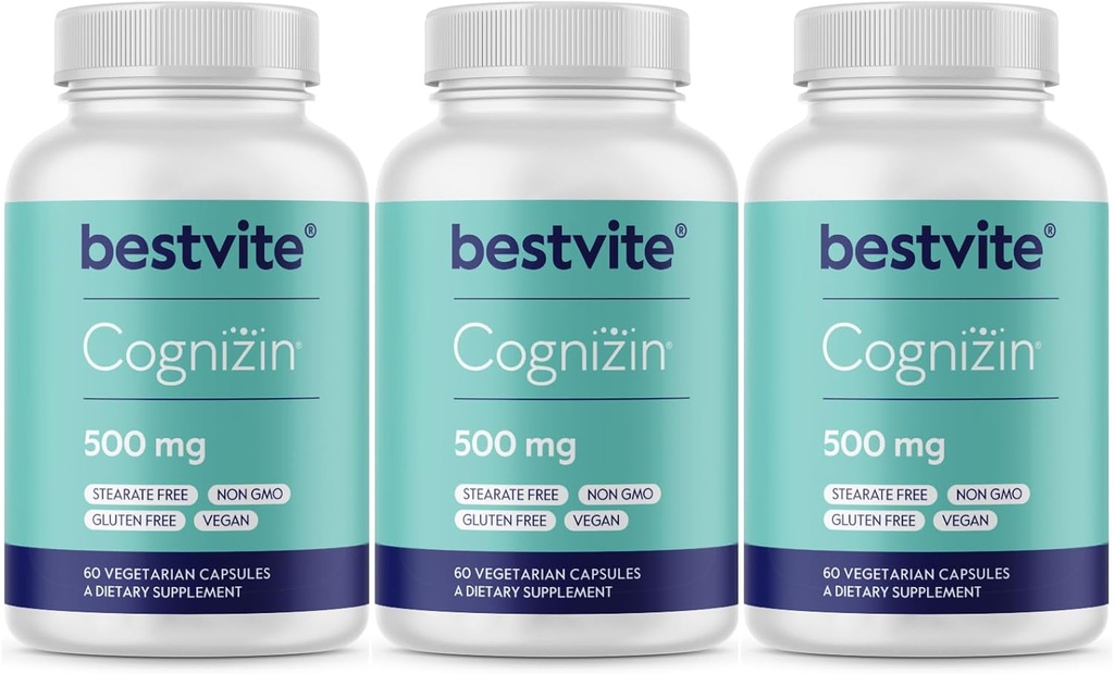 BESTVITE Cognizin Citicoline 500mg (180 vegetariškų kapsulių) (60x3) - Kliniškai studijavo Premium Choline Nootropinis - No Stearates - Veganas - Gluten Free - smegenų papildai atminčiai ir dėmesiui