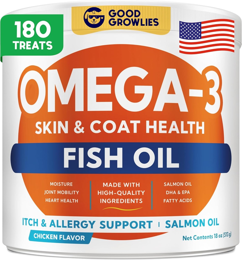 Omega 3 žuvų taukai šunims (180 Ct) - Odos & Coat Chews - Sausas & Litchy odos reljefas + Alergija parama - Šviesios Coats - EPA & DHA riebalų rūgštys - Natūralus lašišos aliejus Chews Širdies, Hip & Bendra parama