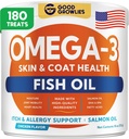 Omega 3 Fish Oil for Dogs (180 Ct) - Skin & Coat Chews - Dry & Itchy Skin Relief + Allergy Support - Shiny Coats - EPA&DHA Fatty Acids - Natural Salmon Oil Chews Promotes Heart, Hip & Joint Support
