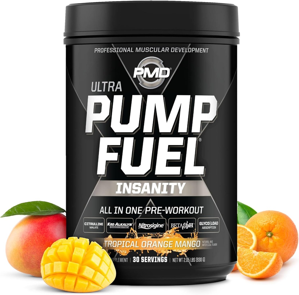 PMD Sportas siurblys Kuras Ultra beprotybė - Premium Pre Workout milteliai ir raumenų siurblys, Didesnis fokusas, Endurance & Recovery, Premium kreatinas, Argininas & Beta alaninas, Tropical Orange Mango (30 Paslaugos)
