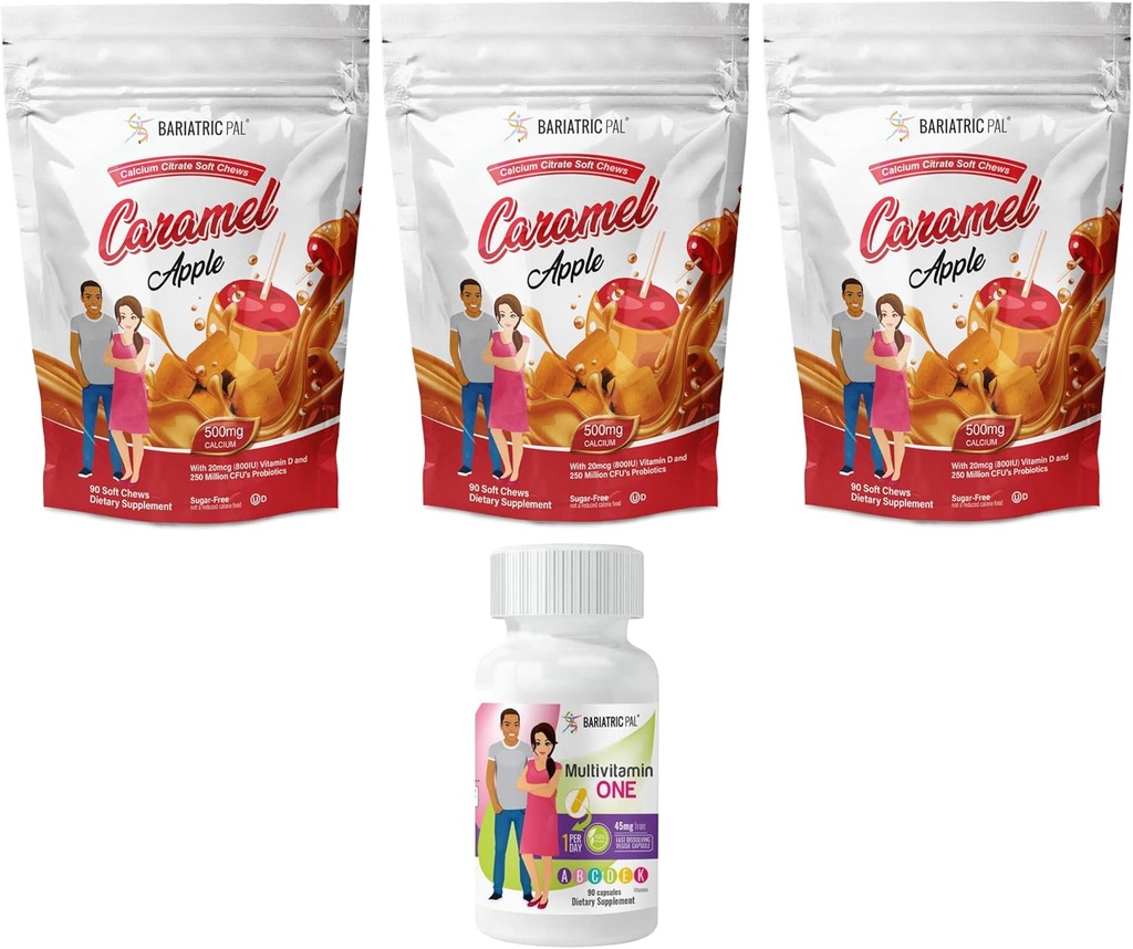 BariatricPal 90- Diena Bariatric Vitaminas Bundle (Multivitaminas ONE 1 per parą! Kapsulė su 45 mg geležies ir kalcio citrato minkštų sūrių 500 mg Probiotikai - Caramel Apple)