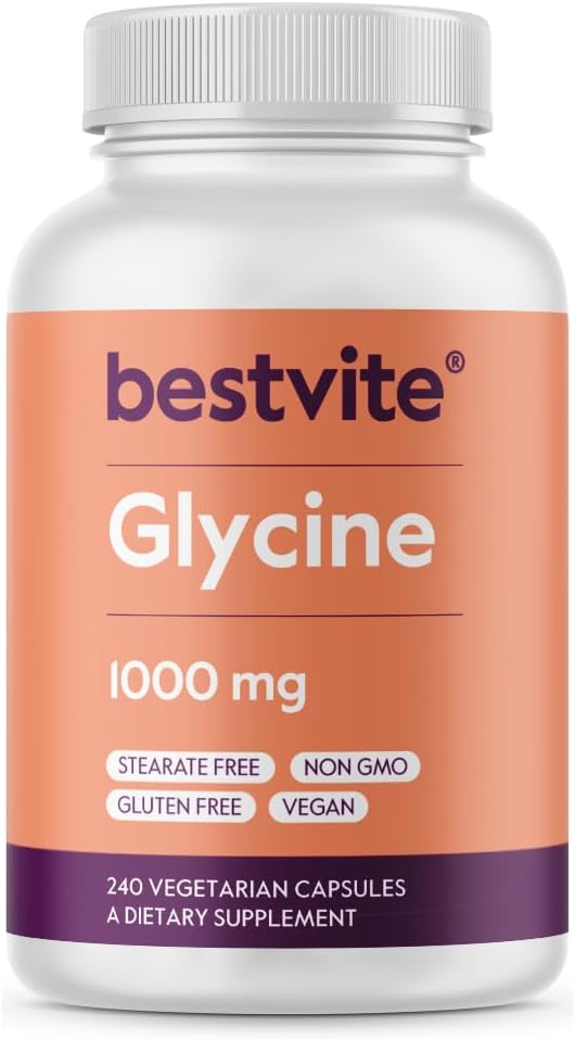BESTVITE Glycine 1000mg vienoje kapsulėje (240 vegetariškų kapsulių) - No Stearates - Vegan - Non GMO - Gluten Free