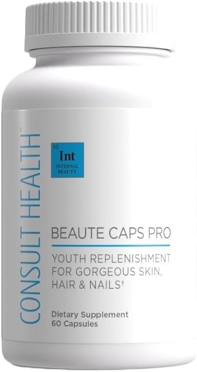 Consult Health Beaute Caps Pro - Plaukų augimo palaikymas, odos ir nagų sveikata - Collagen, Vitaminai B6, B7, B12, D & 10,500 µg Biotinas - MSM, Blood Orange - Anti- Aging - JAV Made - Moterys ir vyrai 60 kapsulių