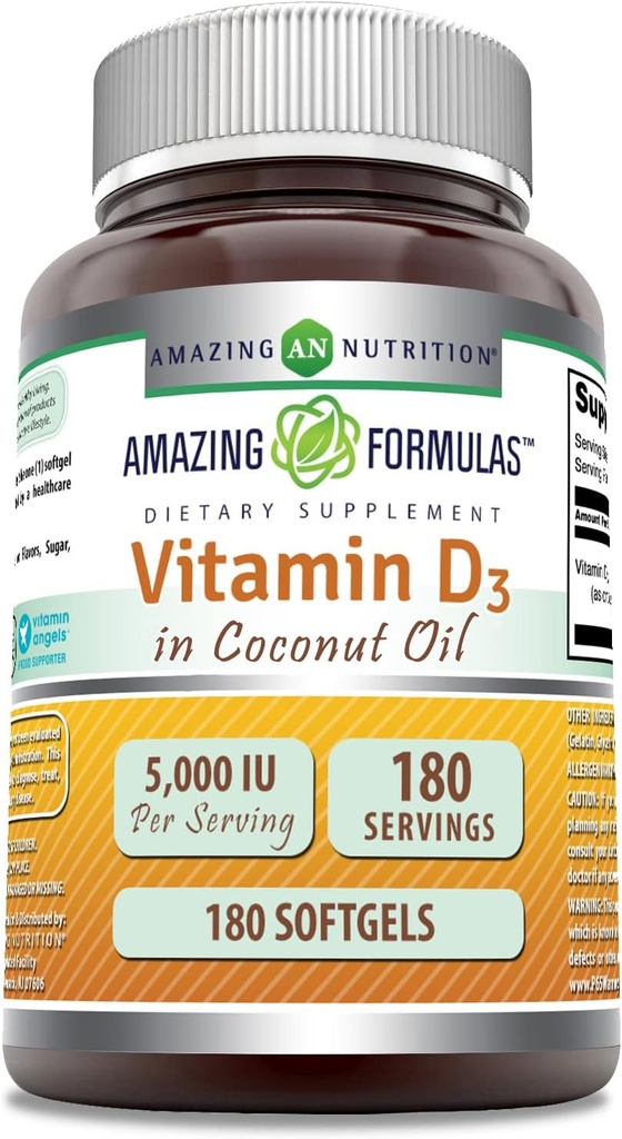 Amazonės formulės Vitaminas D3 su kokosų aliejumi Additional 124; 5000 TV vienam servinčiam 124; 180 Softgels ® 124; Non-GMO ® 124; Gluten Free 124; Pagaminta JAV