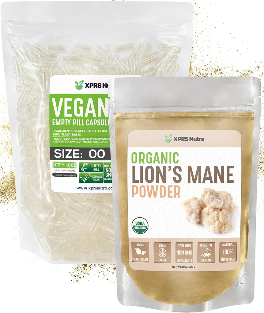 XPRS Nutra Organic Lion's Mane 8 Ounce with Size 00 Empty Capsules DIY Supplement Filling